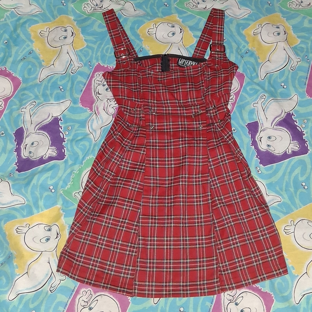 90s Lip Service Vintage Punk Safety Pin Red Plaid Dress